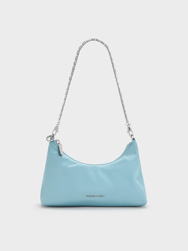 Satin Crystal-Embellished Chain-Handle Two-Way Bag, Sky Blue, hi-res