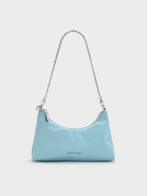 Satin Crystal-Embellished Chain-Handle Two-Way Bag, Sky Blue, hi-res