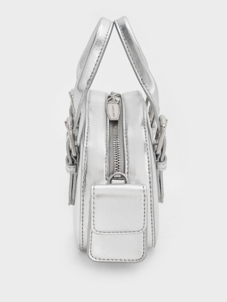 Blaise Metallic Buckle-Strap Side-Pocket Bowling Bag, Silver, hi-res