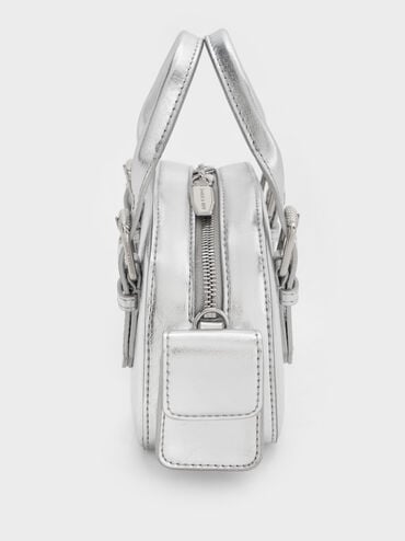 Blaise Metallic Buckle-Strap Side-Pocket Bowling Bag, Silver, hi-res