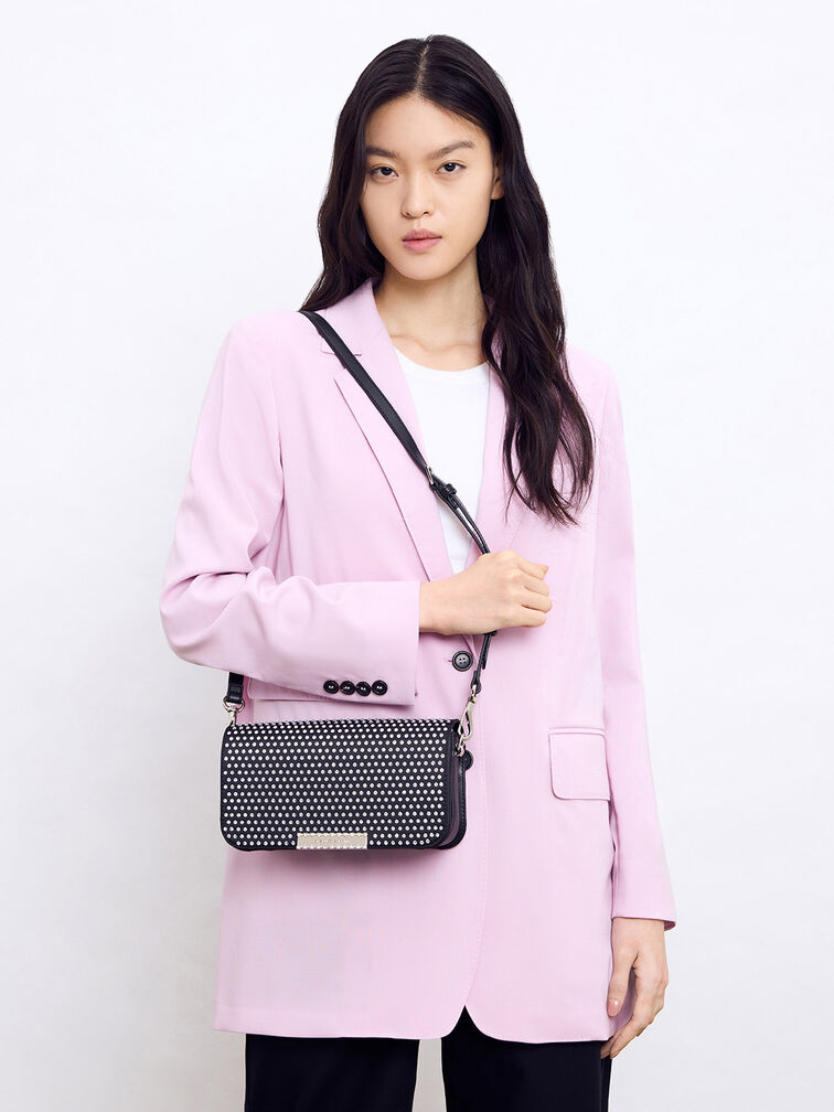 Crystal-Embellished Chain Strap Bag, Black, hi-res