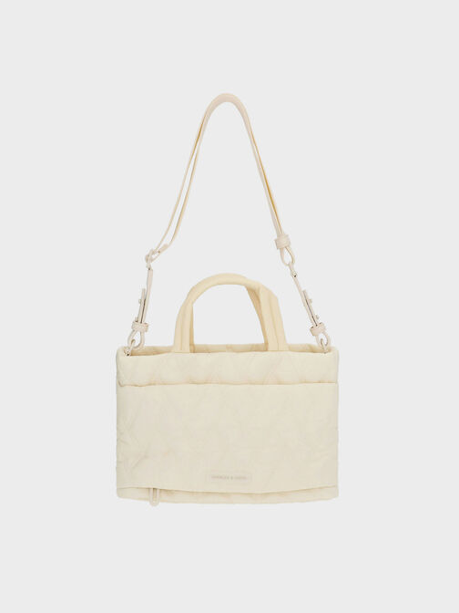 Nylon Chevron Boxy Tote Bag, Cream, hi-res