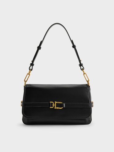 Gwynne Metallic-Buckle Belted Shoulder Bag, Black, hi-res