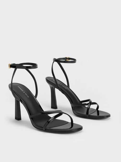 Patent Crossover-Strap Heeled Sandals, Black Patent, hi-res