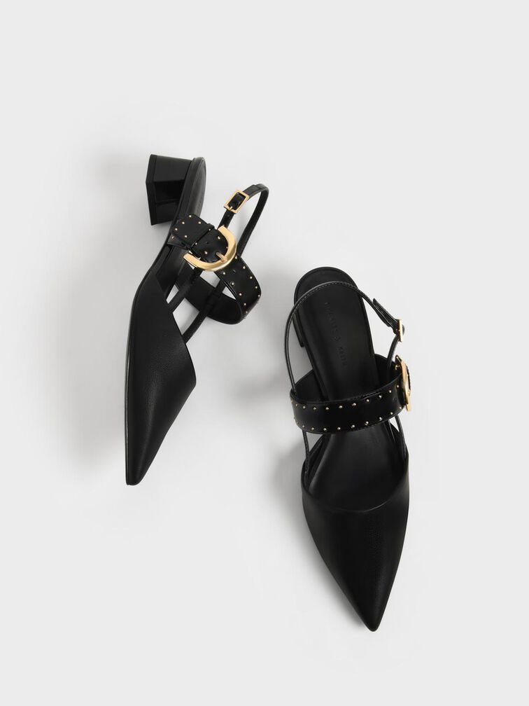 Studded Buckled Slingback Pumps, Black, hi-res