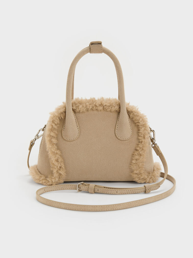 Nelly Recycled Suede & Faux Shearling Bowling Bag, Nutmeg Beige, hi-res