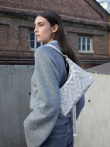 Nylon Chevron Shoulder Bag, Silver, hi-res