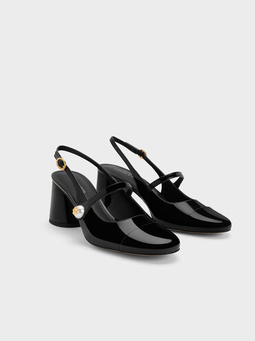 Aeryn Pearl Embellished Patent Slingback Pumps, Black Patent, hi-res