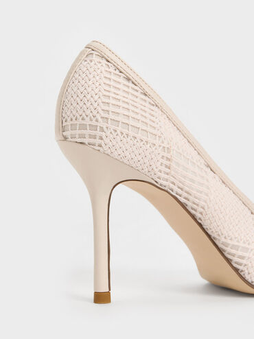 Mesh Woven Pointed-Toe Pumps, Cream, hi-res