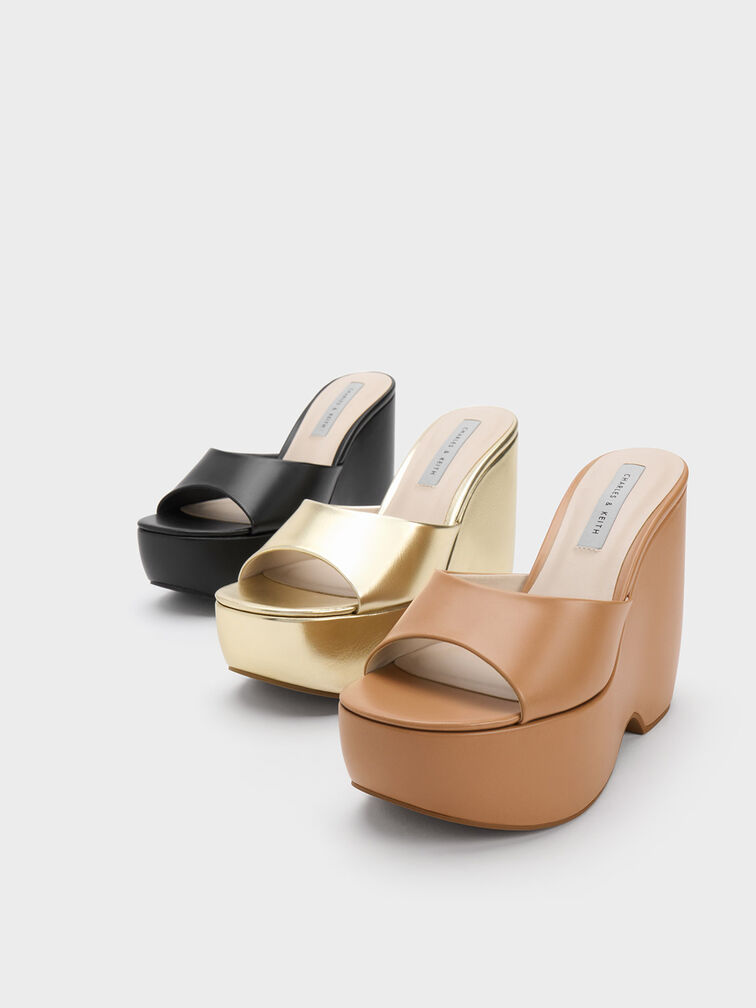 Metallic Chunky Platform Wedge Mules, Gold, hi-res