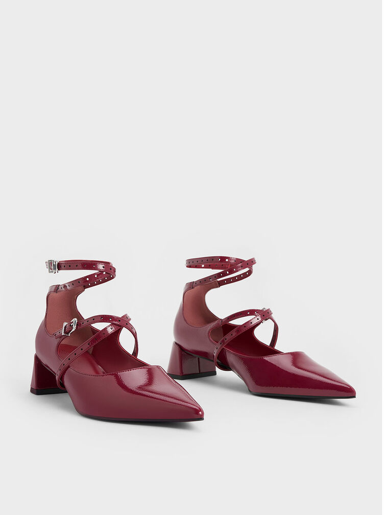 Crinkle-Effect Strappy Buckled Pumps, Burgundy, hi-res