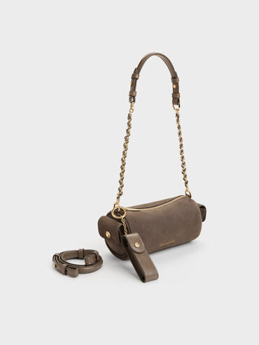 Lottie Faux Suede Side-Pocket Chain Shoulder Bag, Stone Grey, hi-res