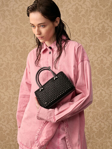 Suede & Leather Studded Cut-Out Tote Bag, Noir, hi-res