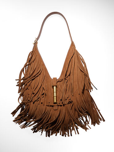 Cesia Recycled Suede Fringed Hobo Bag, Sienna Brown, hi-res