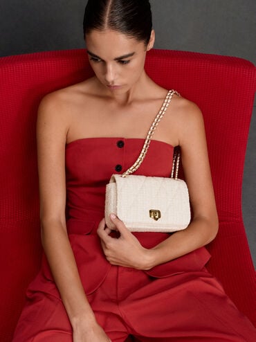 Arwen Tweed Diamond-Quilt Braided-Strap Shoulder Bag, Cream Tweed, hi-res
