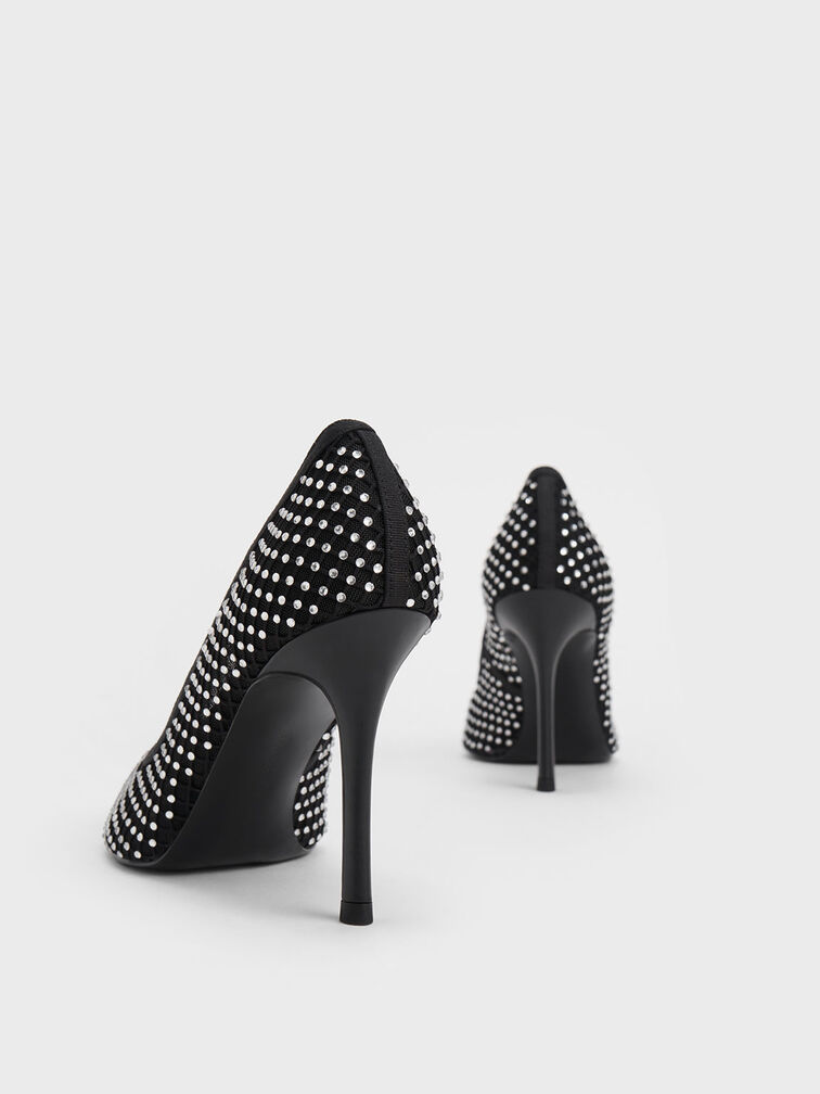 Gem-Encrusted Mesh Heeled Pumps, Black Textured, hi-res