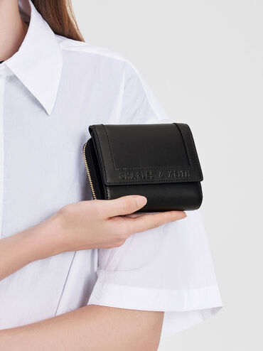 Stitch-Trim Front Flap Wallet, Black, hi-res