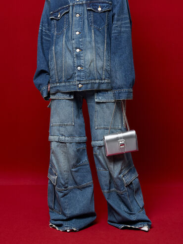 Metallic Crystal-Buckle Belted Chain-Handle Bag, Silver, hi-res