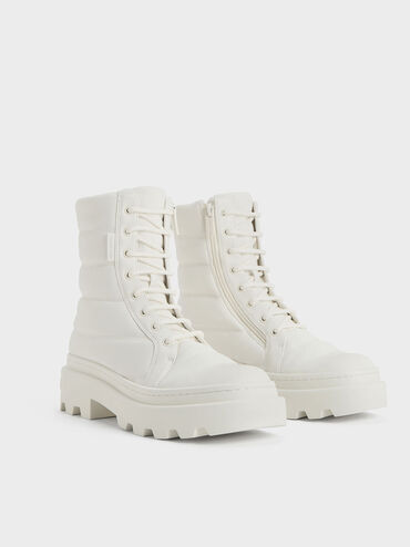 Nylon Puffy Ridged-Sole Boots, White, hi-res