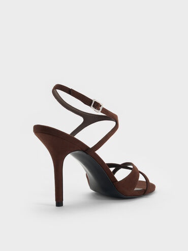 Faux Suede Crossover Stiletto Sandals, Dark Brown Textured, hi-res