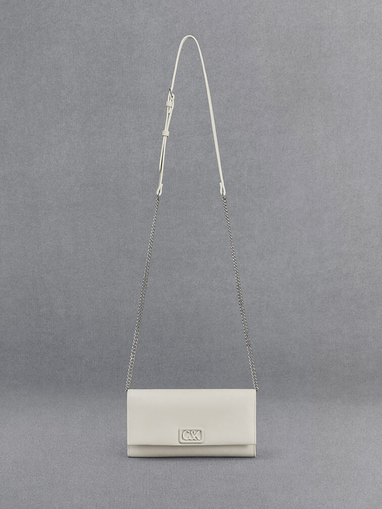 Leather Chain-Strap Wallet, White, hi-res