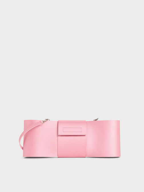 Satin Bow Elongated Shoulder Bag, Flamingo Pink, hi-res