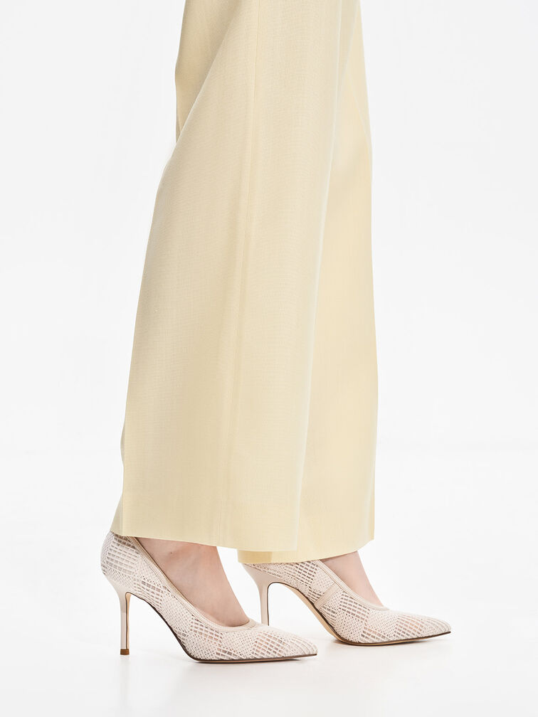 Mesh Woven Pointed-Toe Pumps, Cream, hi-res