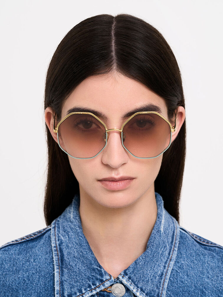 Hexagonal Wire-Frame Sunglasses, Mint Green, hi-res