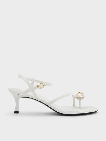 Pearl Embellished Strappy Sandals, White, hi-res