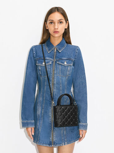 Gem-Embellished Padded Tote Bag, Black, hi-res