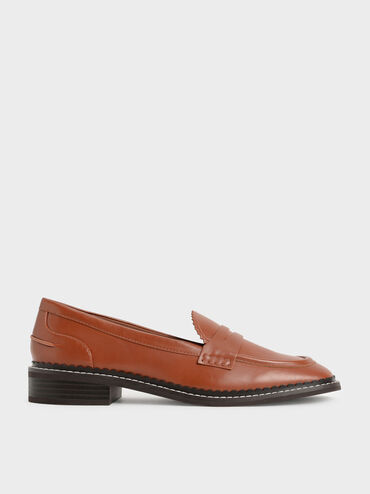 Scallop-Trim Penny Loafers, Cognac, hi-res