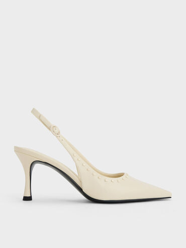 Studded Pointed-Toe Slingback Pumps, Chalk, hi-res