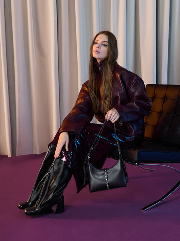 Lark Studded Belted Shoulder Bag, Noir, hi-res