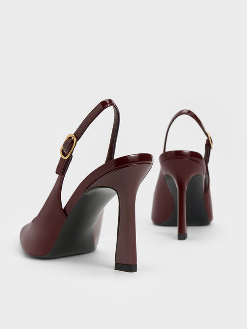 Patent Trapeze Heel Slingback Pumps, Burgundy, hi-res