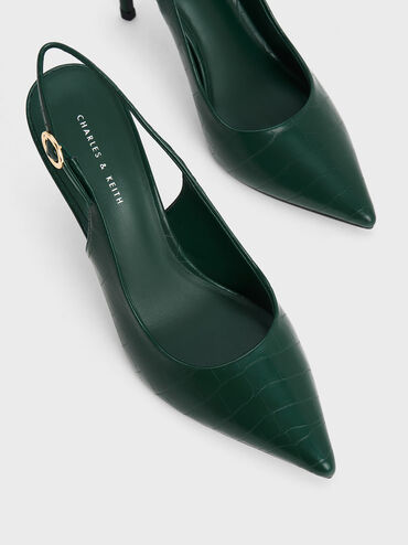 Croc-Embossed Stiletto Heel Slingback Pumps, Animal Print Dark Green, hi-res