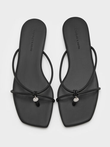 Metallic-Charm Strappy Thong Sandals, Black, hi-res
