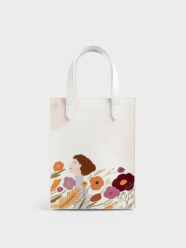 CHARLES & KEITH by Oamul Lu: Floral Illustration Tote Bag, White, hi-res