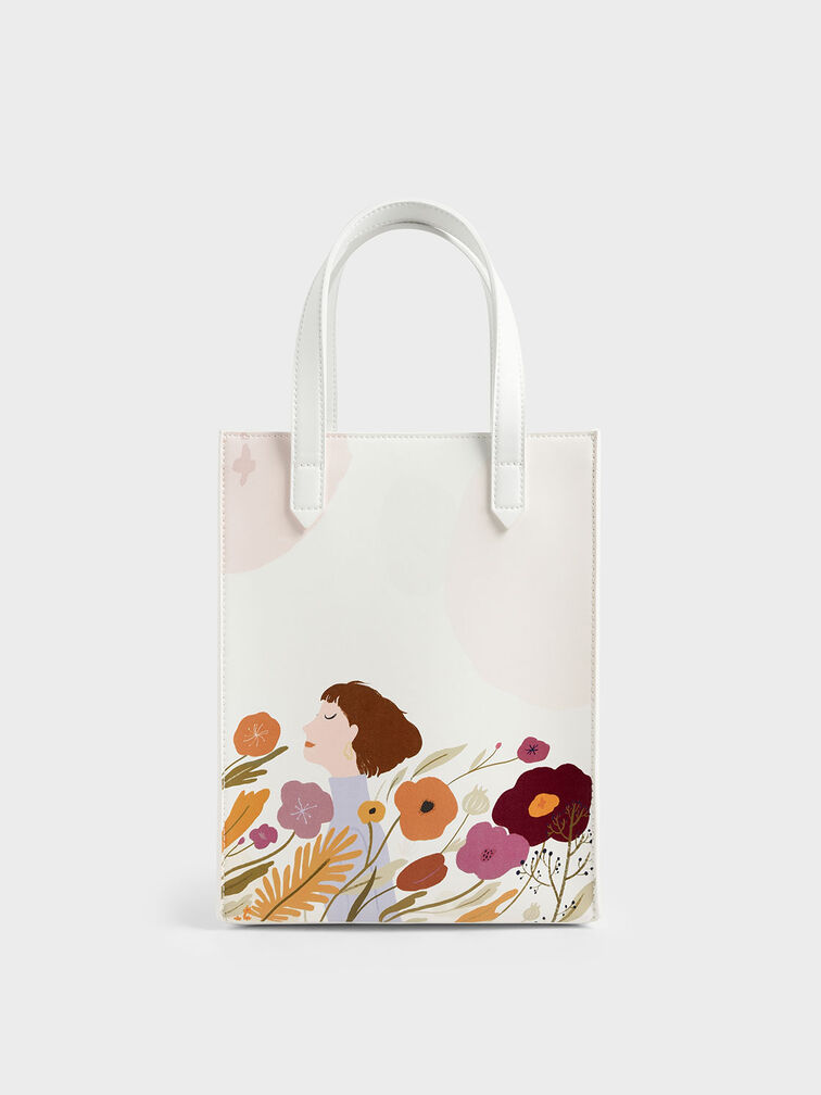 CHARLES & KEITH by Oamul Lu: Floral Illustration Tote Bag, White, hi-res