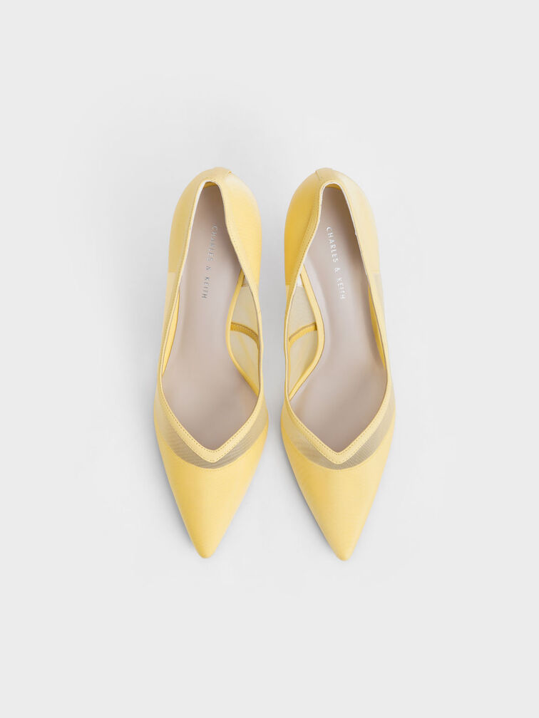 Mesh Pointed-Toe Pumps, Yellow, hi-res