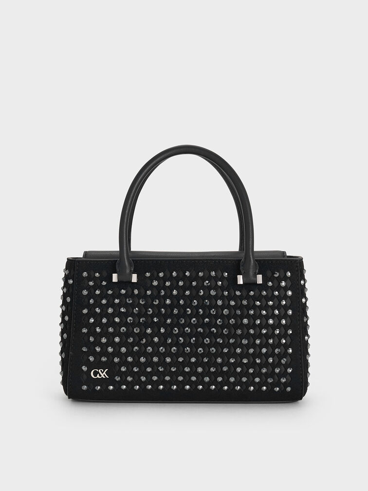 Suede & Leather Studded Cut-Out Tote Bag, Noir, hi-res