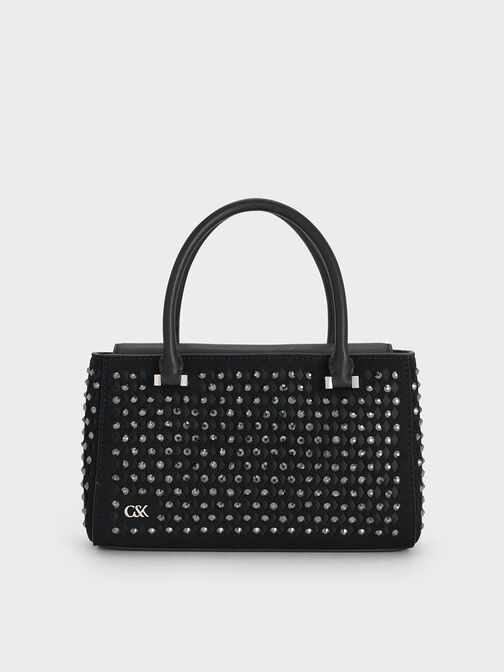 Suede & Leather Studded Cut-Out Tote Bag, Noir, hi-res