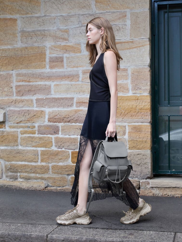 Nylon Puffy Chain-Link Backpack, Grey, hi-res