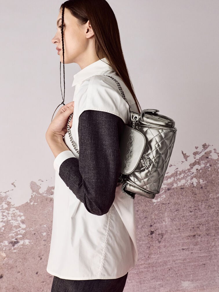 Duo Quilted Two-Way Front Flap Backpack, Pewter, hi-res
