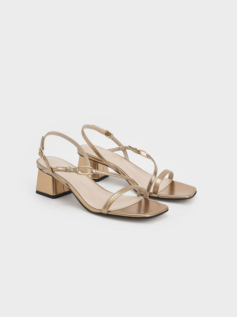 Metallic Accent Strappy Block Heel Sandals, Gold, hi-res