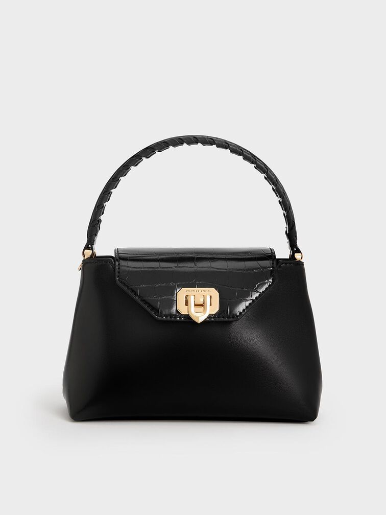 Arwen Croc-Effect Braided-Strap Top Handle Bag, Black, hi-res