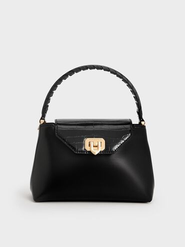 Arwen Croc-Effect Braided-Strap Top Handle Bag, Black, hi-res