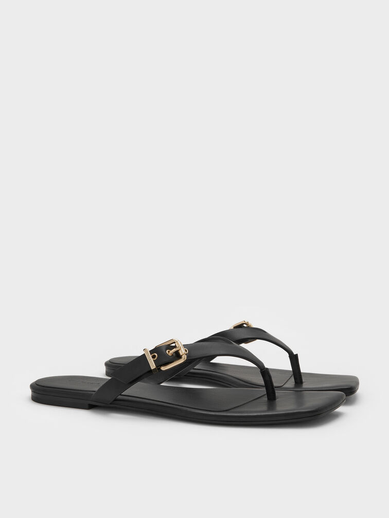 Buckled Thong Sandals, Black, hi-res