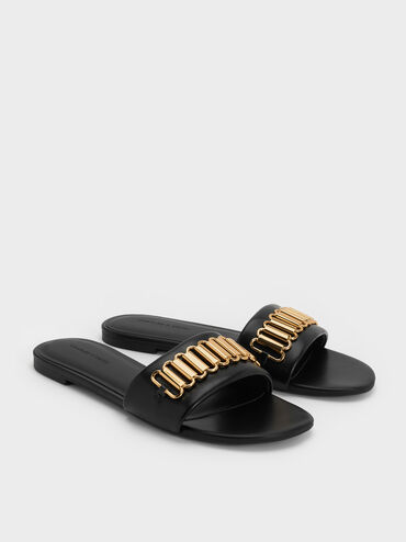 Metallic-Accent Slide Sandals, Black, hi-res