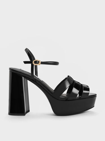 Patent Gladiator Platform Sandals, Black, hi-res