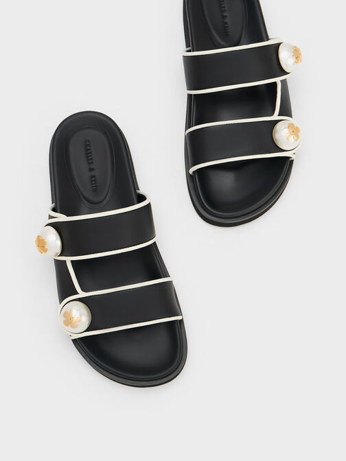 Pearl Embellished Contrast-Trim Slides, Black, hi-res